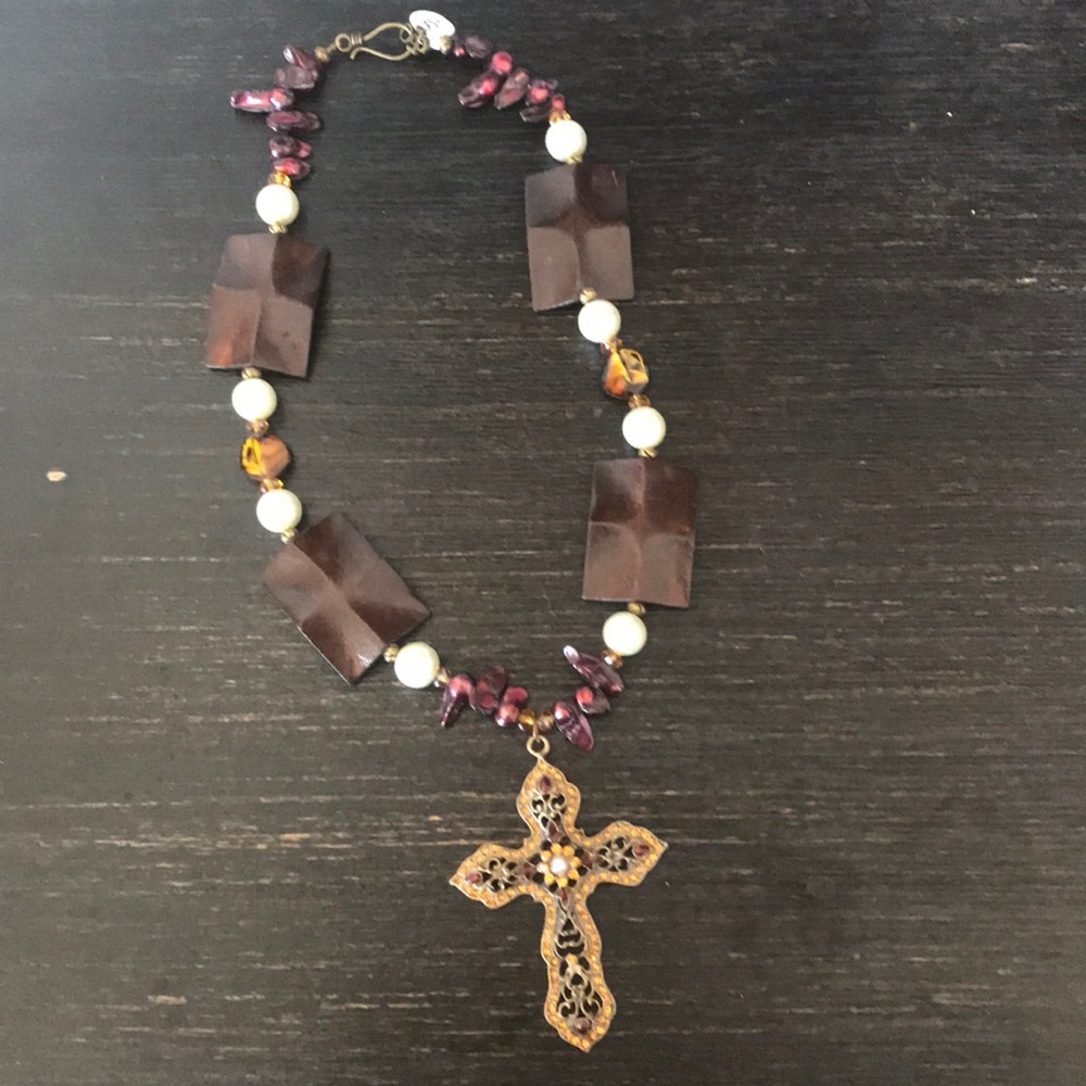Burgundy, Cat Eye, Wood, and Pearl Necklace